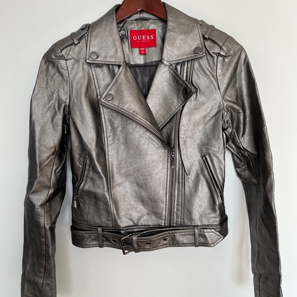 Guess Women's Metallic Gray Leather Jacket Size Xs